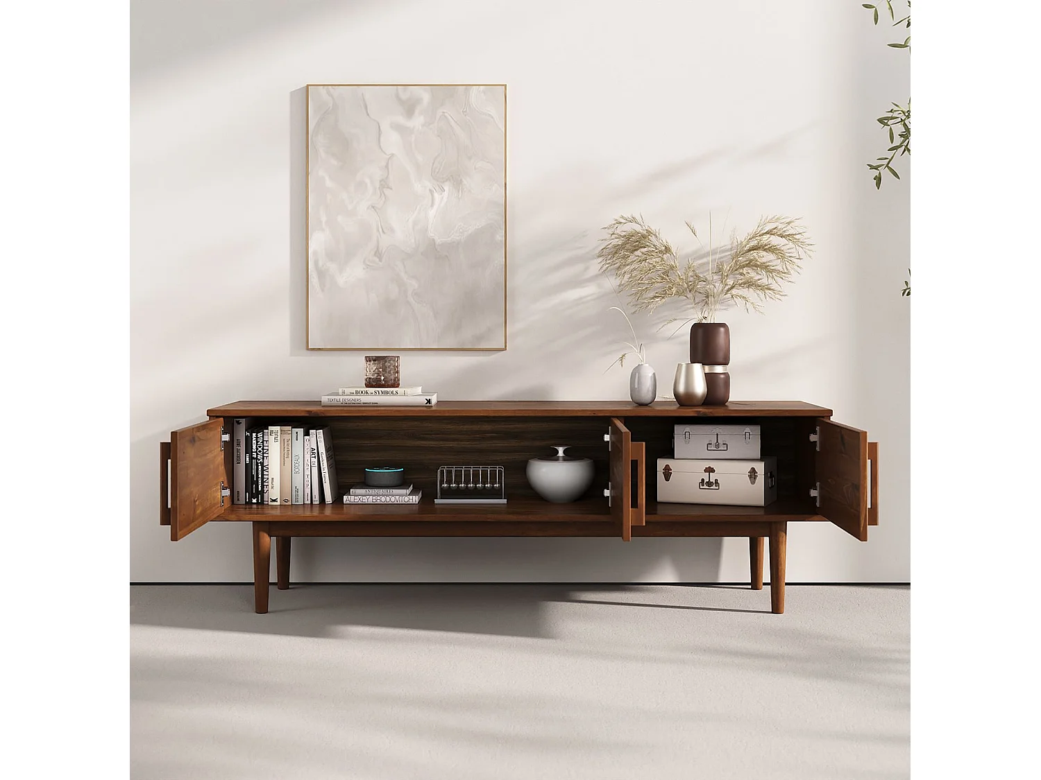 Meuble TV TECCA L 145 cm en Bois Massif Coloris Châtaignier avec 3 Portes, Pour Téléviseur jusqu'à 65", Meuble Télé Salon