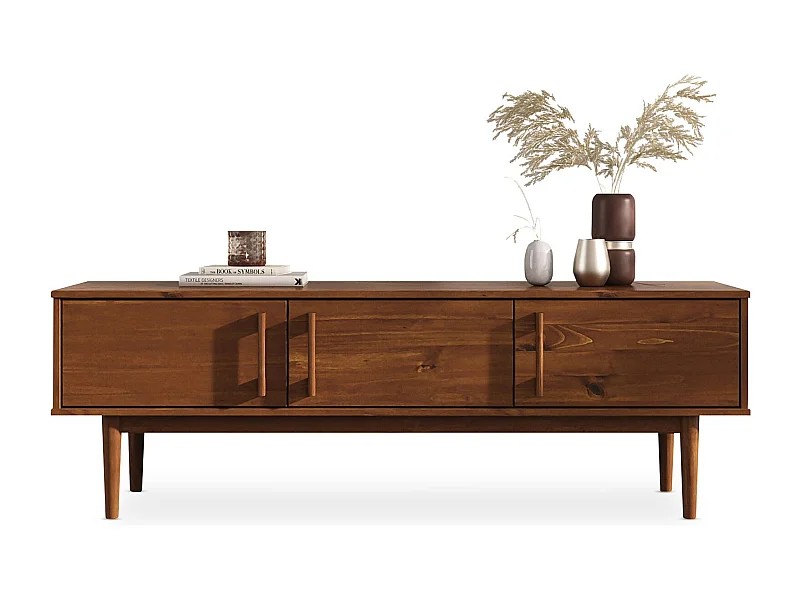 Meuble TV TECCA L 145 cm en Bois Massif Coloris Châtaignier avec 3 Portes, Pour Téléviseur jusqu'à 65", Meuble Télé Salon