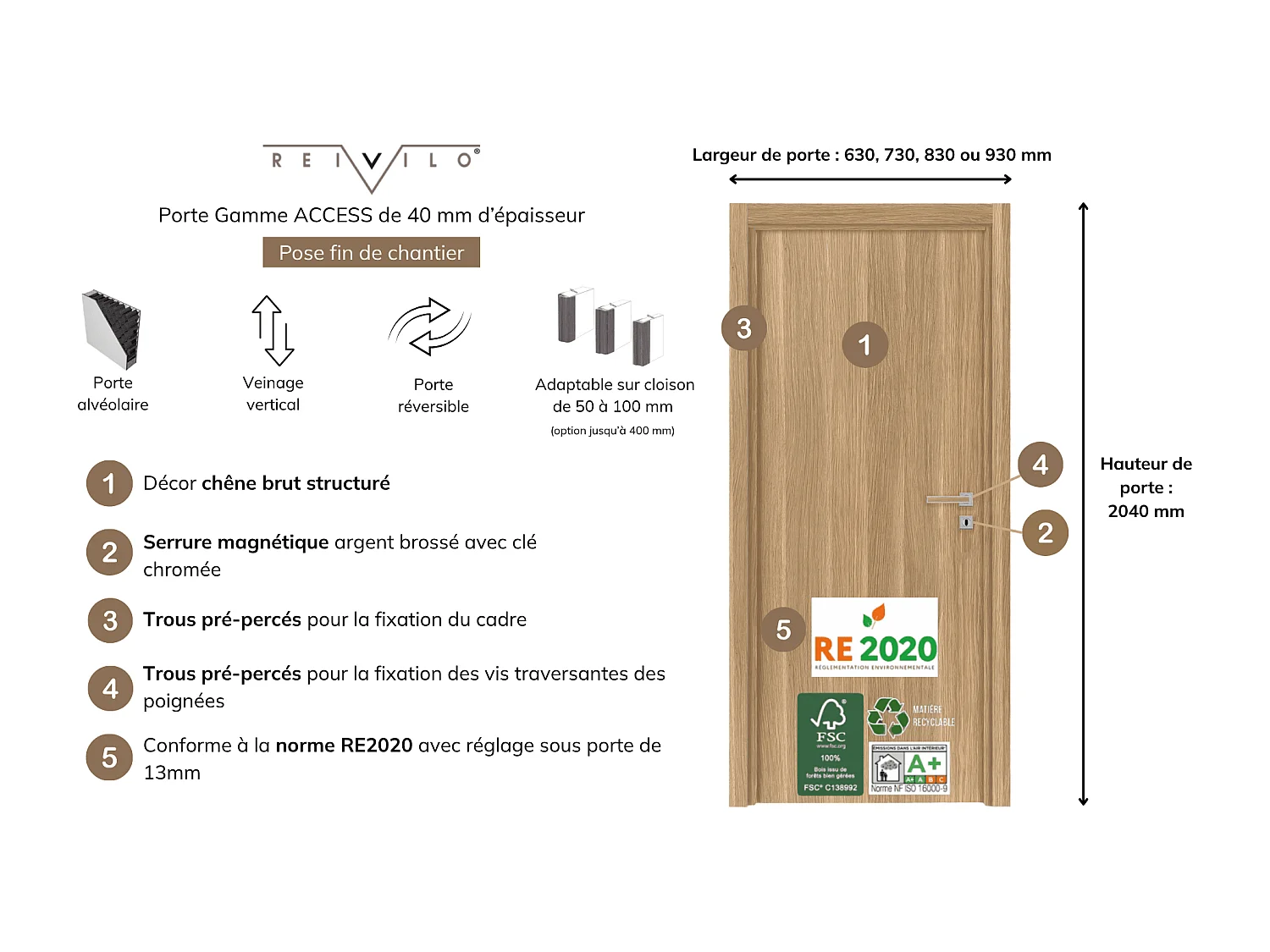 Bloc porte fin de chantier Matild, chêne brut, réversible, H.204 x l.83 cm