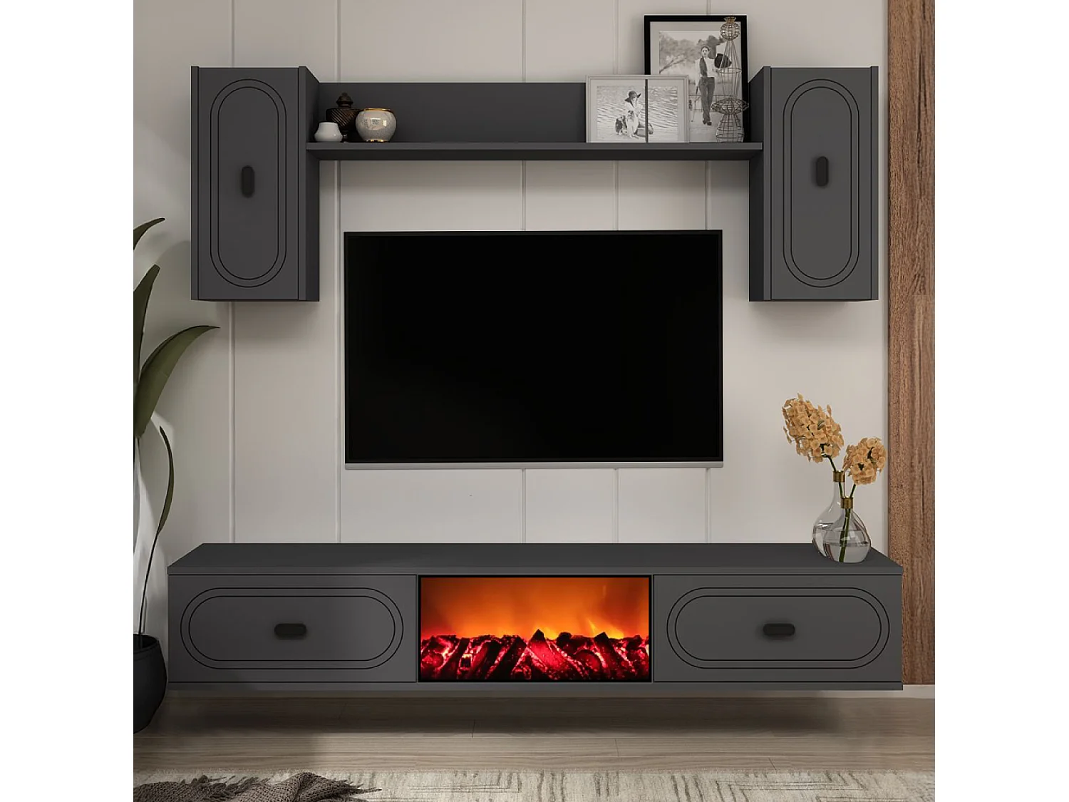 Ensemble meuble TV avec étagères murales et cheminée LED 150cm gris anthracite VIBRA