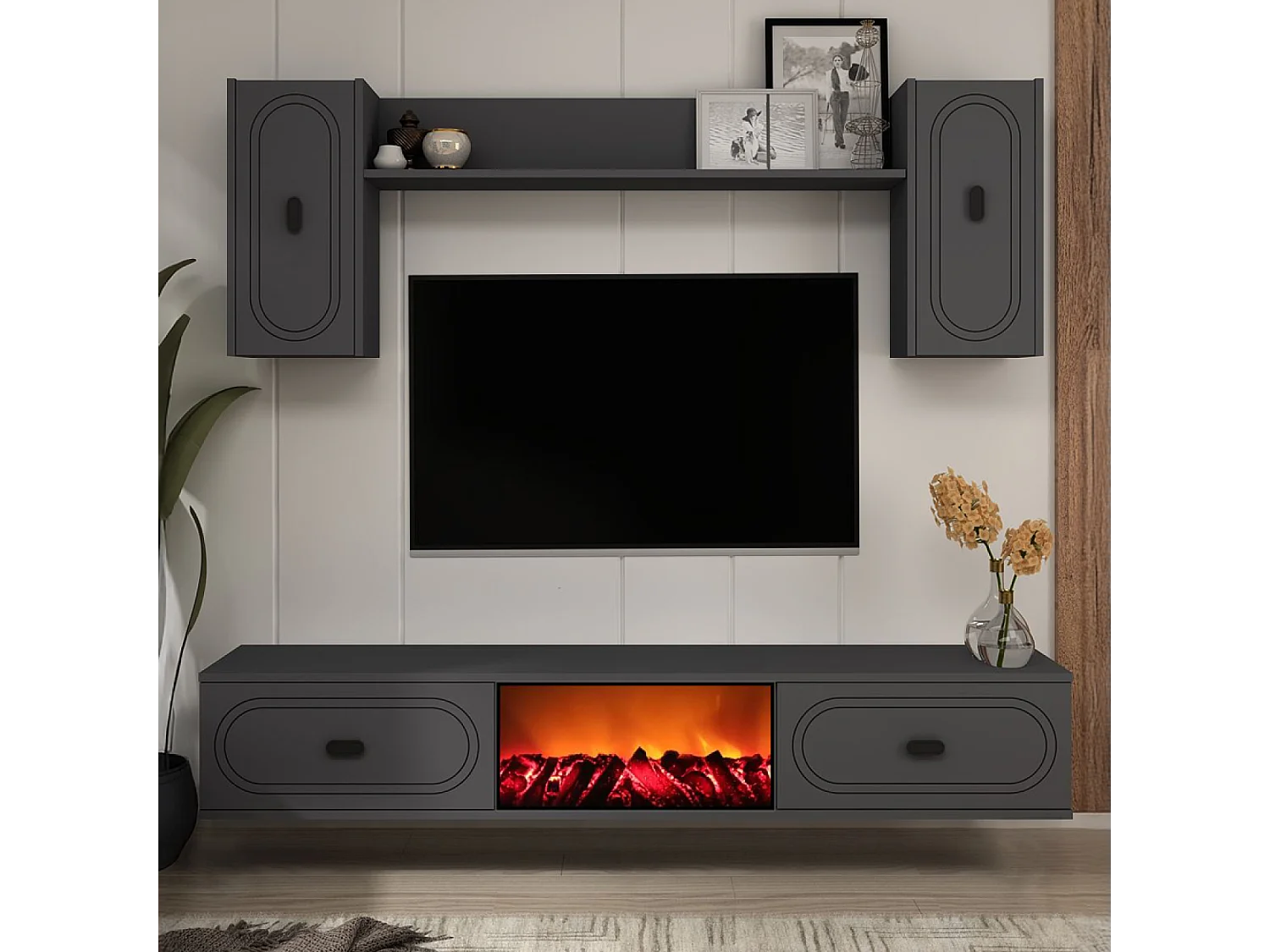Ensemble meuble TV avec étagères murales et cheminée LED 150cm gris anthracite VIBRA