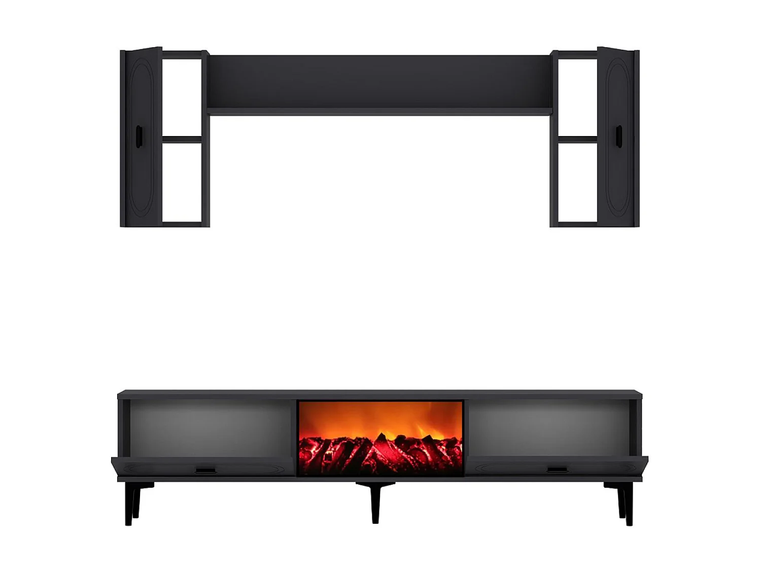 Ensemble meuble TV avec étagères murales et cheminée LED 150cm gris anthracite VIBRA