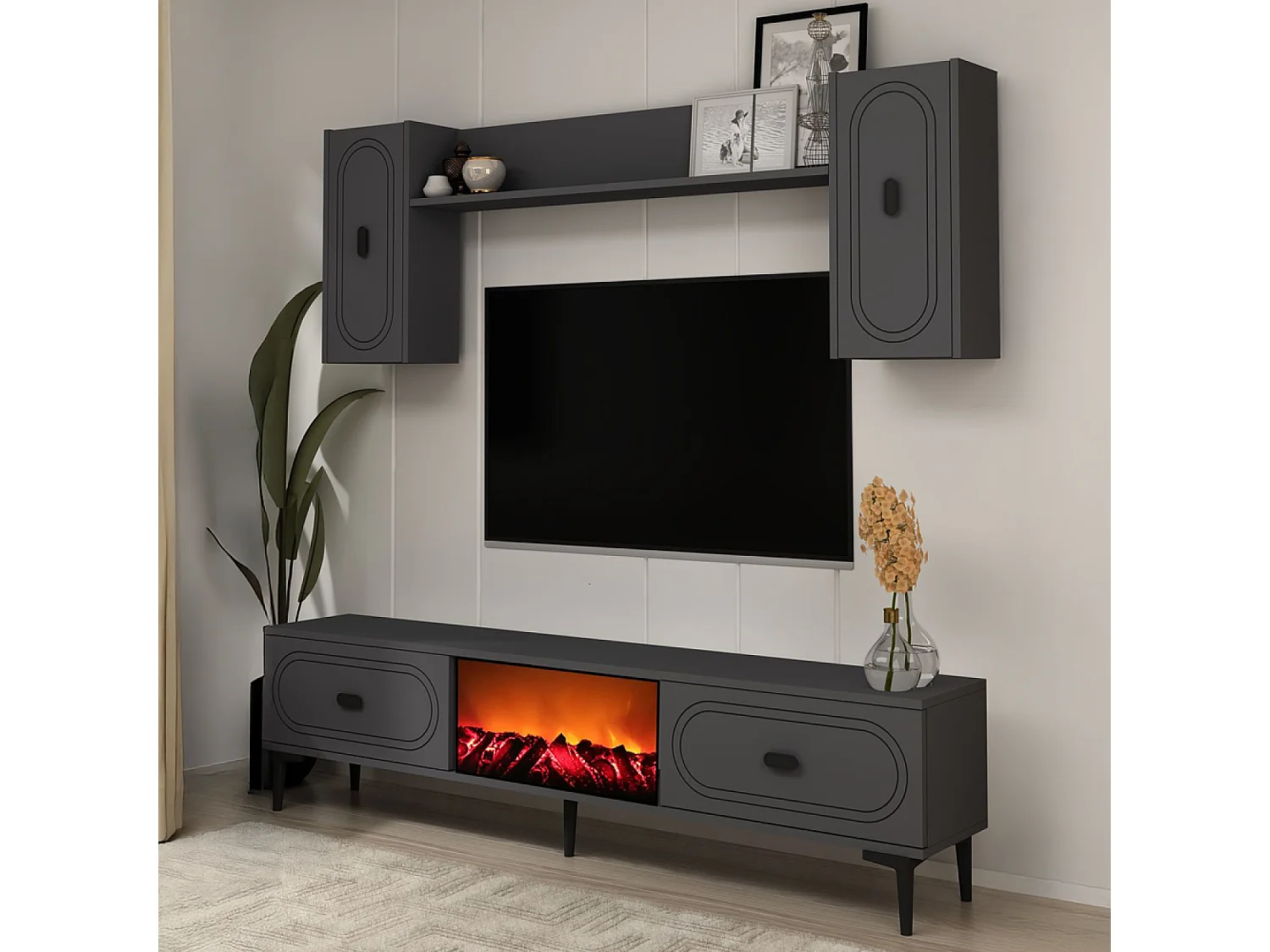 Ensemble meuble TV avec étagères murales et cheminée LED 150cm gris anthracite VIBRA