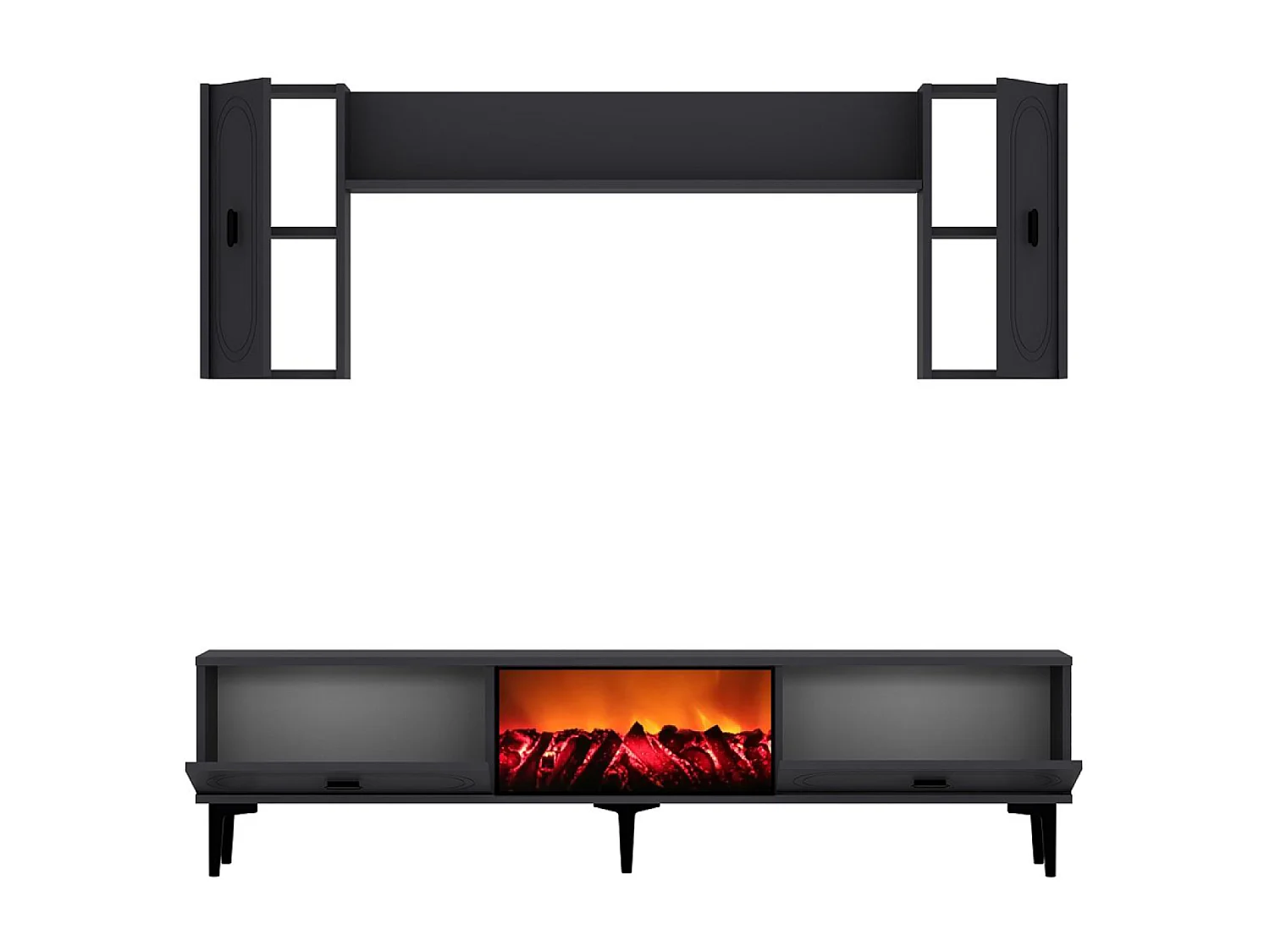 Ensemble meuble TV avec étagères murales et cheminée LED 150cm gris anthracite VIBRA