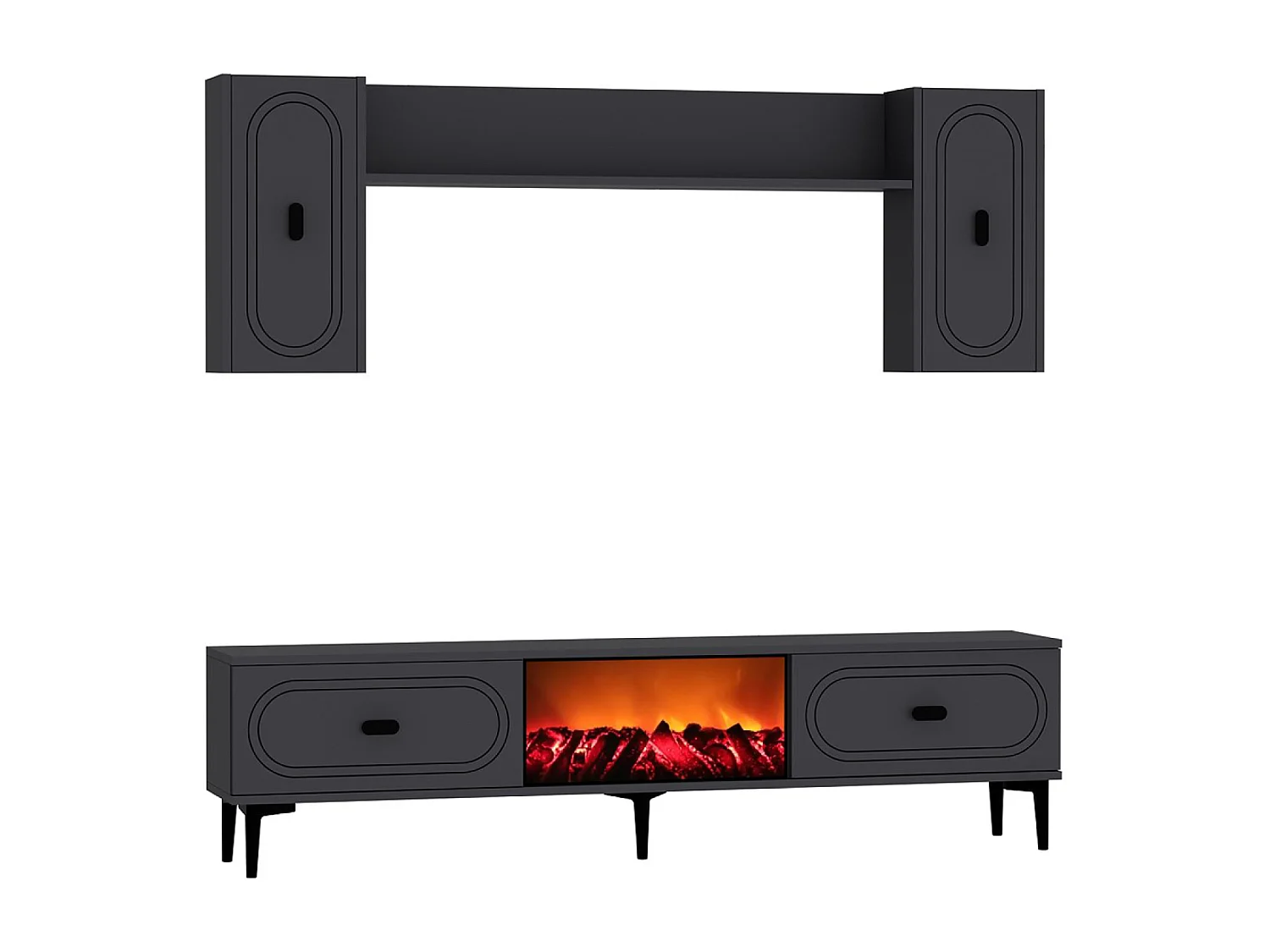 Ensemble meuble TV avec étagères murales et cheminée LED 150cm gris anthracite VIBRA