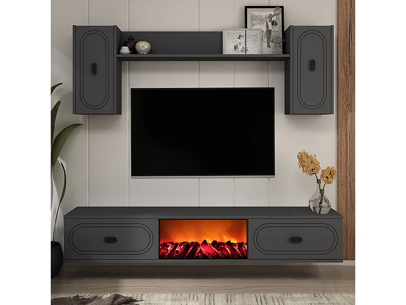 Ensemble meuble TV avec étagères murales et cheminée LED 150cm gris anthracite VIBRA