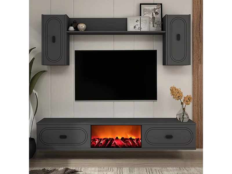 Ensemble meuble TV avec étagères murales et cheminée LED 150cm gris anthracite VIBRA