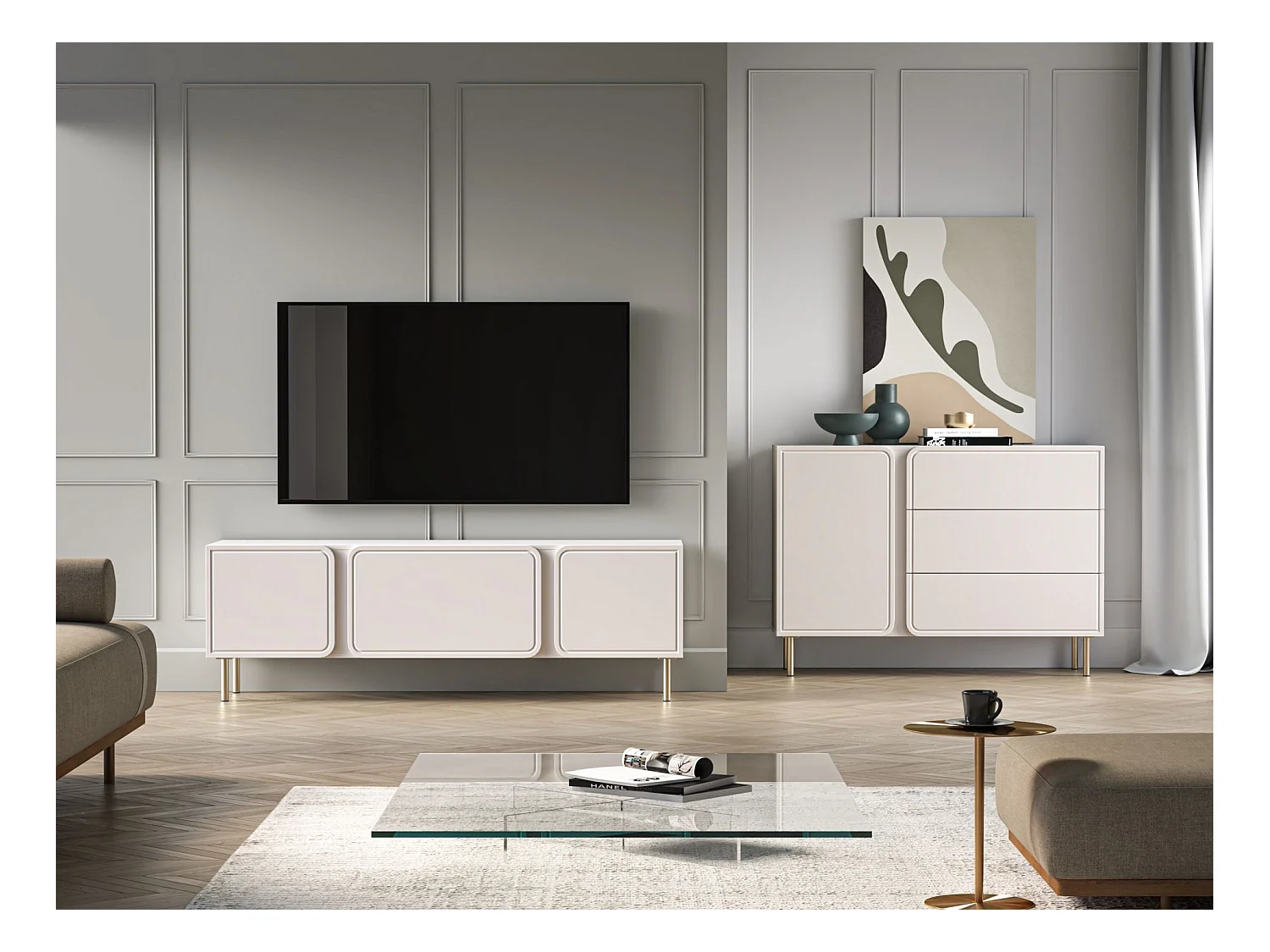 Meuble TV 2 portes avec abattant - beige cachemire 160 cm - LOPPA