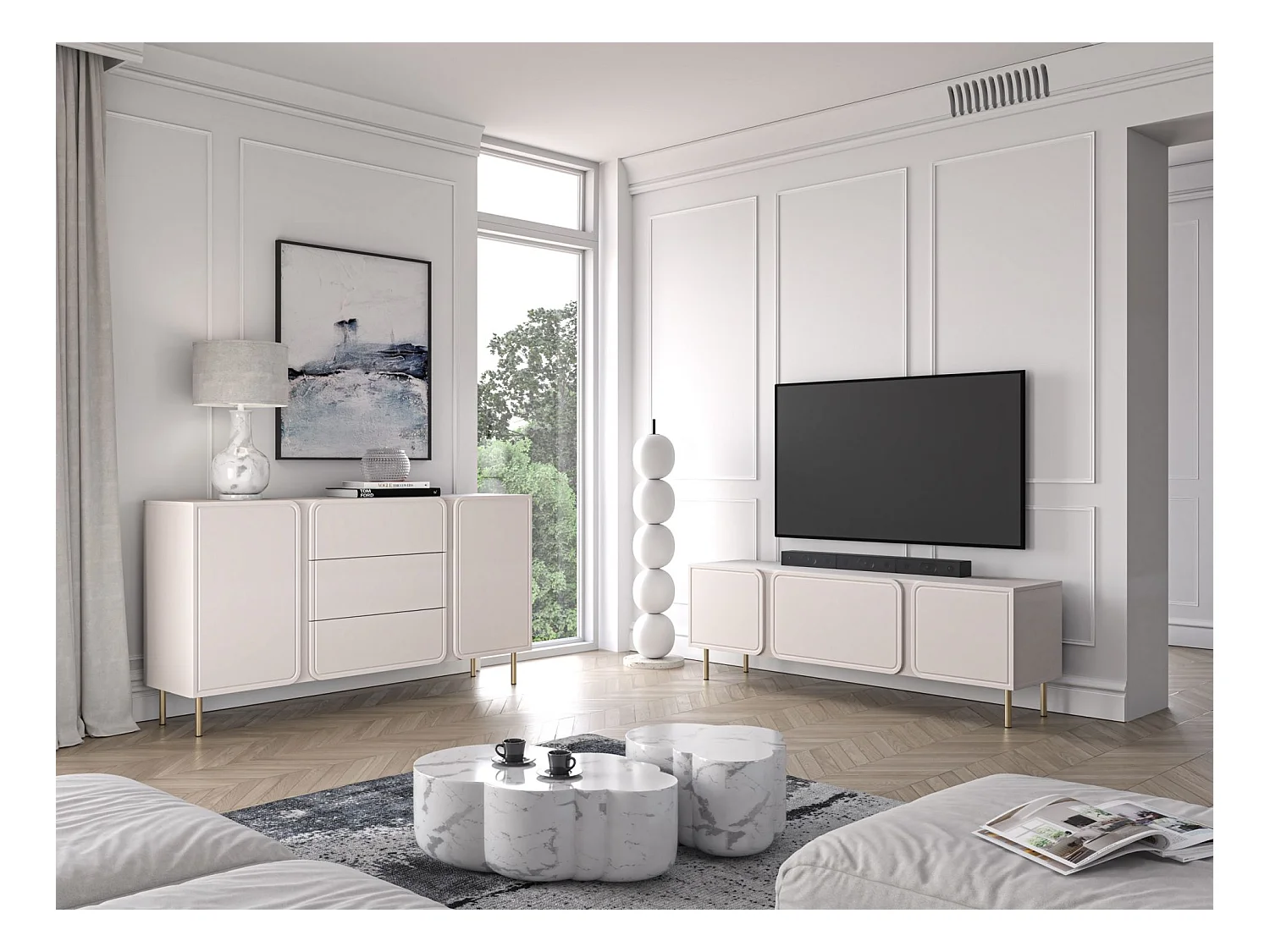 Meuble TV 2 portes avec abattant - beige cachemire 160 cm - LOPPA
