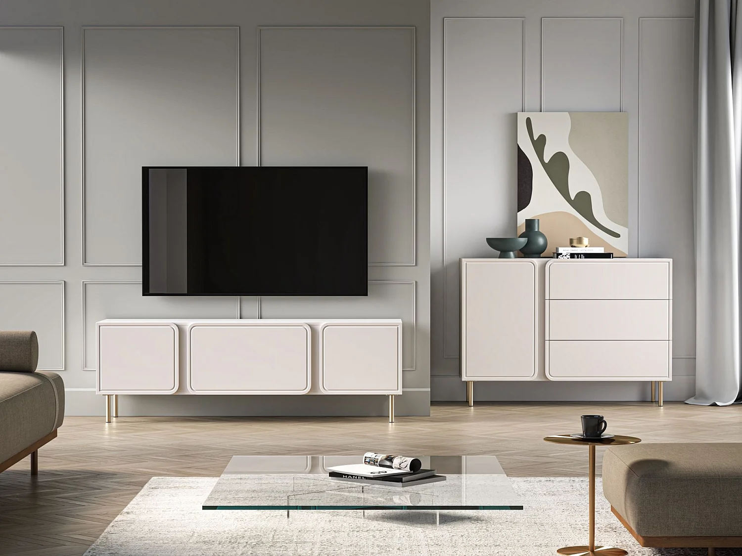 Meuble TV 2 portes avec abattant - beige cachemire 160 cm - LOPPA