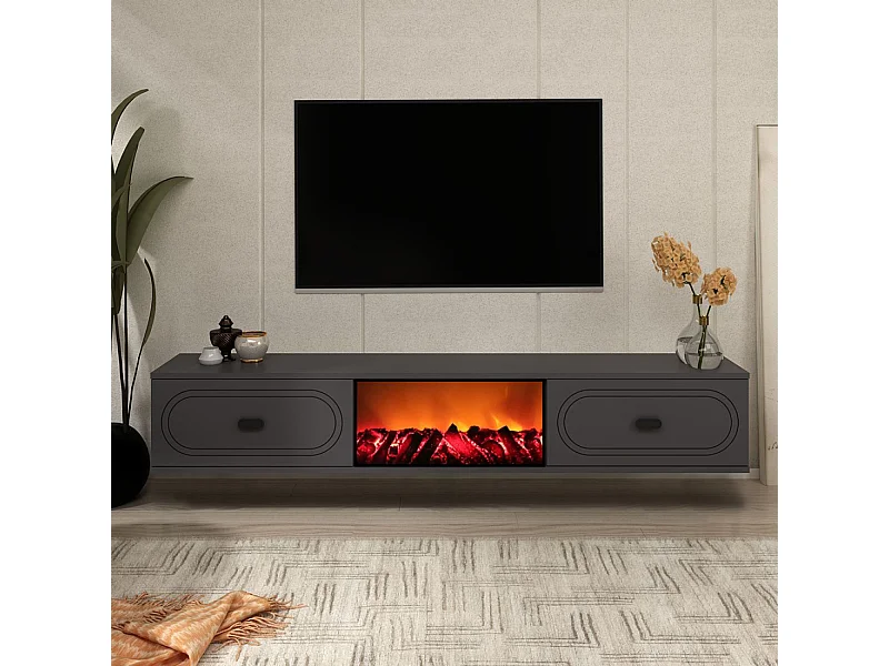 Meuble TV avec cheminée LED 150cm gris anthracite et noir FYRA
