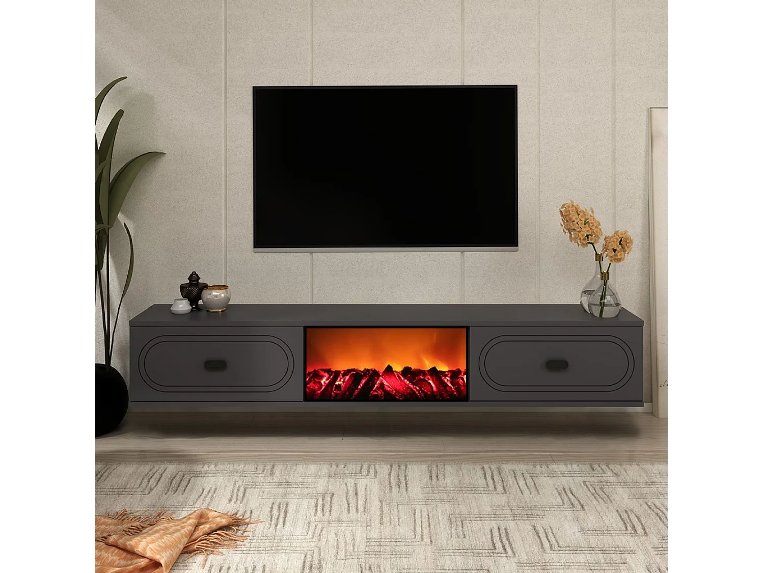 Meuble TV avec cheminée LED 150cm gris anthracite et noir FYRA