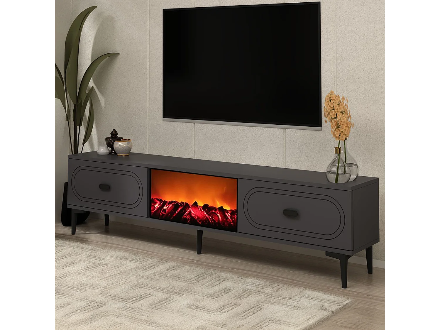 Meuble TV avec cheminée LED 150cm gris anthracite et noir FYRA