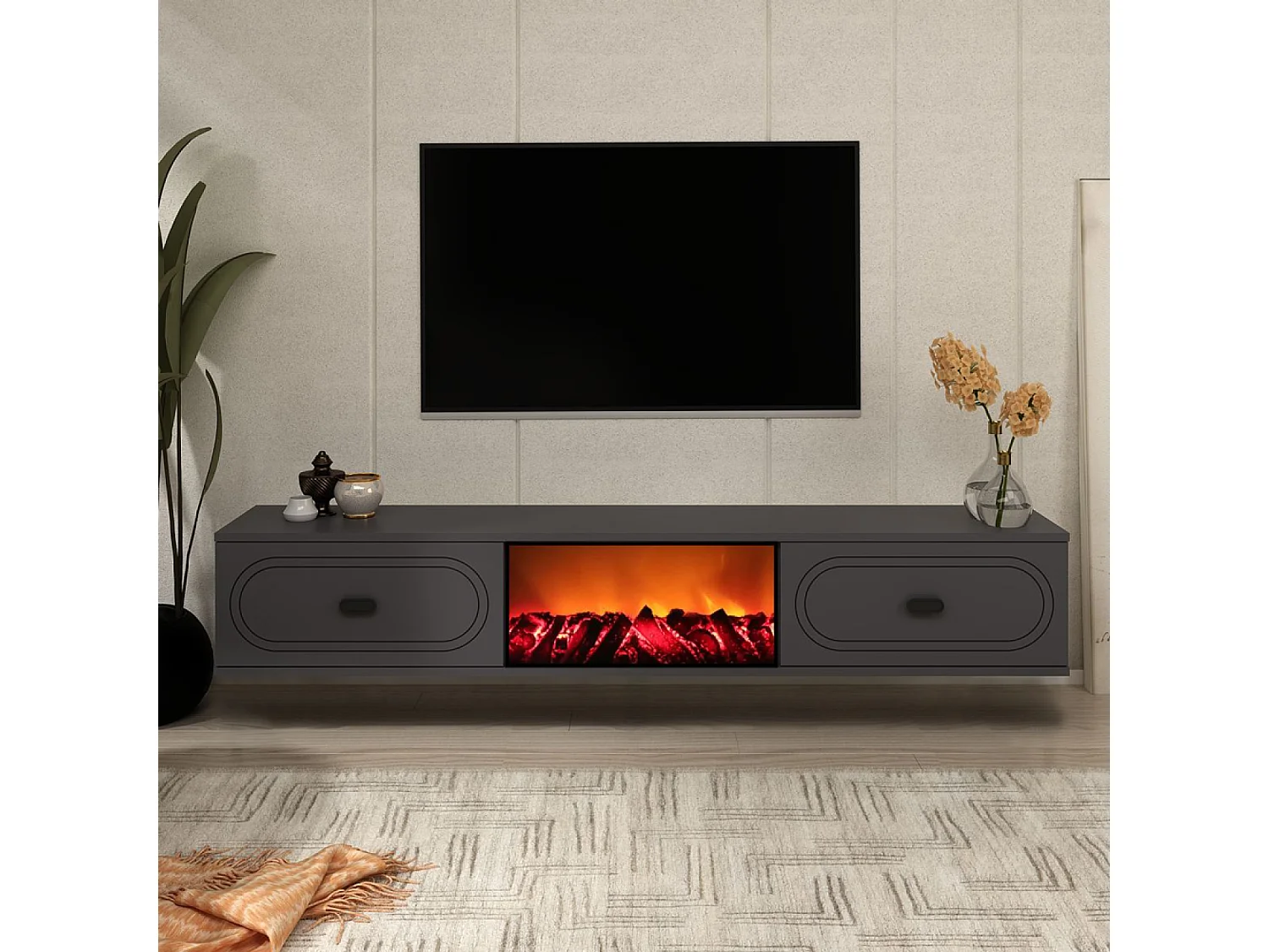 Meuble TV avec cheminée LED 150cm gris anthracite et noir FYRA
