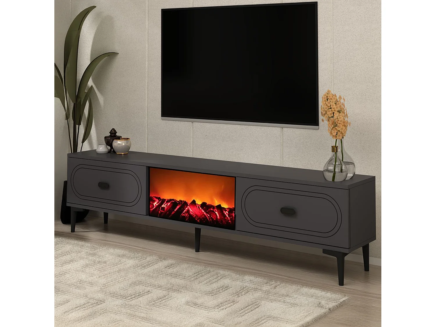 Meuble TV avec cheminée LED 150cm gris anthracite et noir FYRA