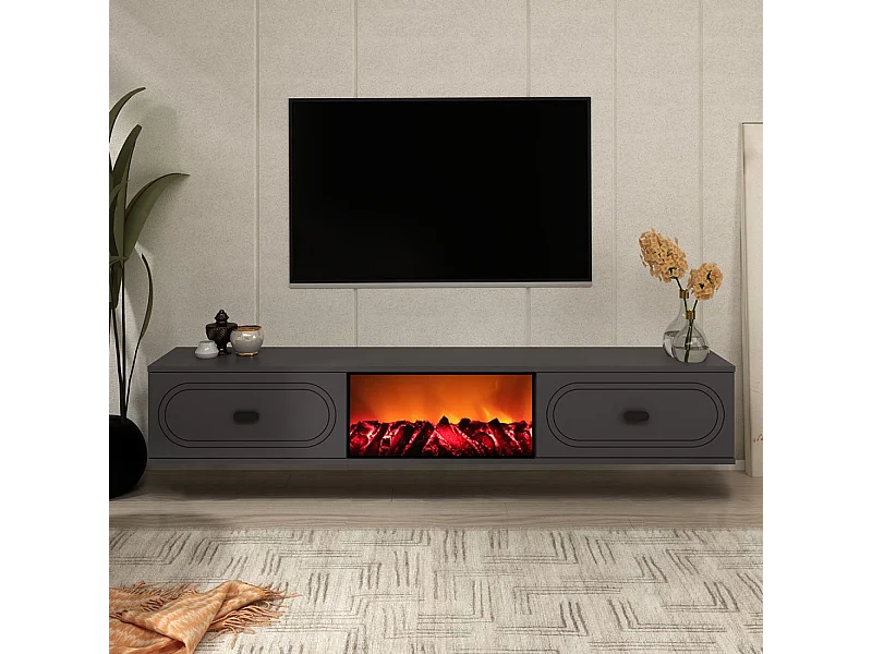 Meuble TV avec cheminée LED 150cm gris anthracite et noir FYRA
