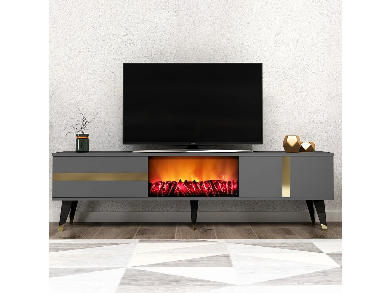 Meuble TV avec cheminée LED 150cm gris anthracite SUNY