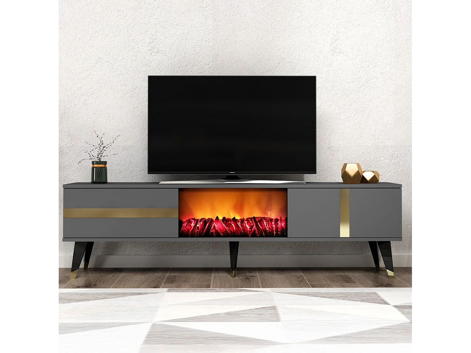 Meuble TV avec cheminée LED 150cm gris anthracite SUNY