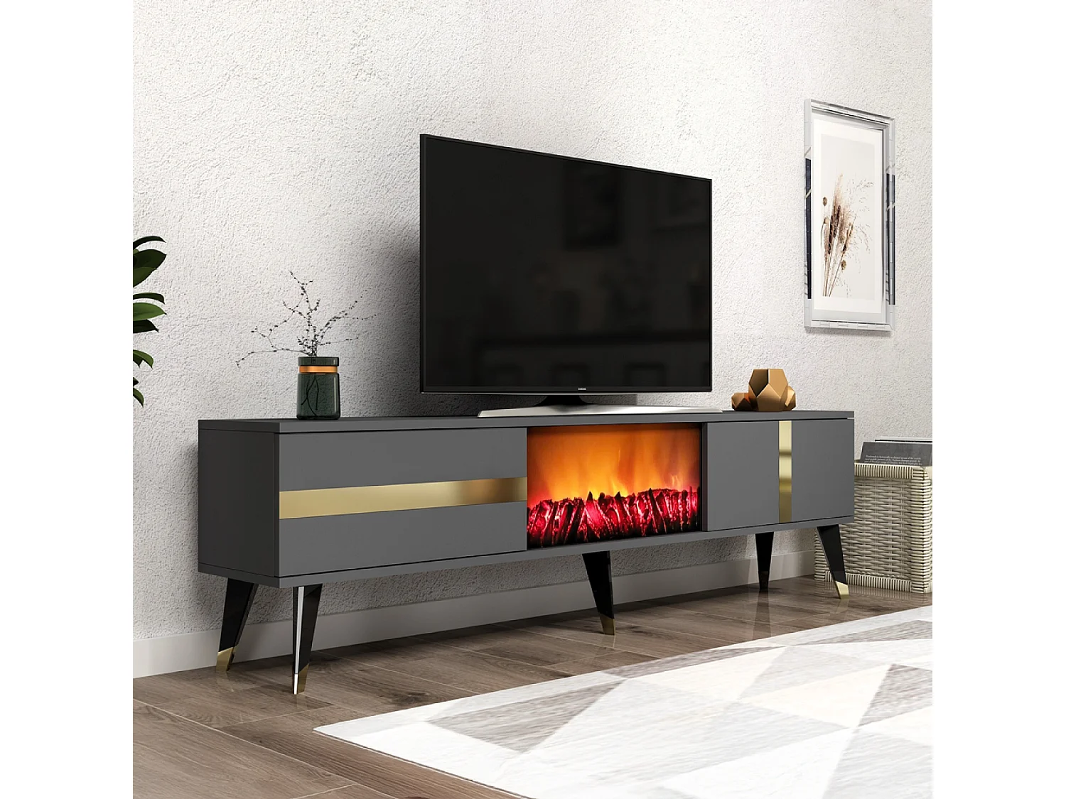 Meuble TV avec cheminée LED 150cm gris anthracite SUNY