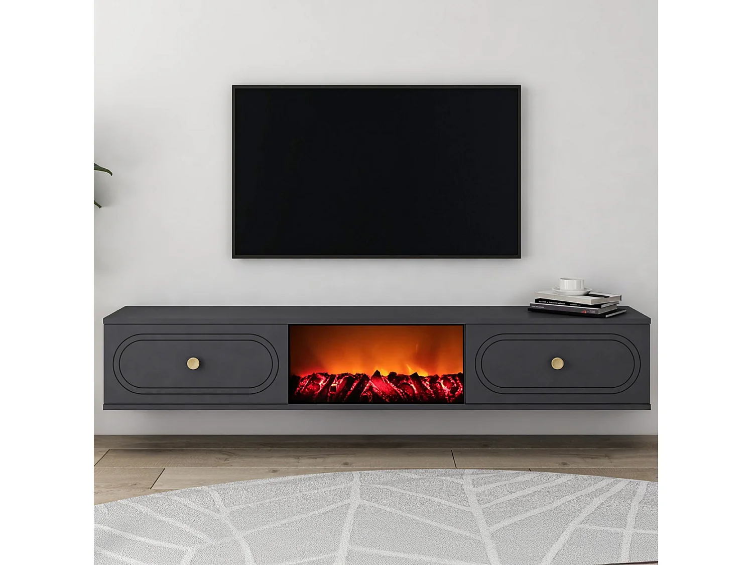 Meuble TV avec cheminée LED 150cm gris anthracite FYRI