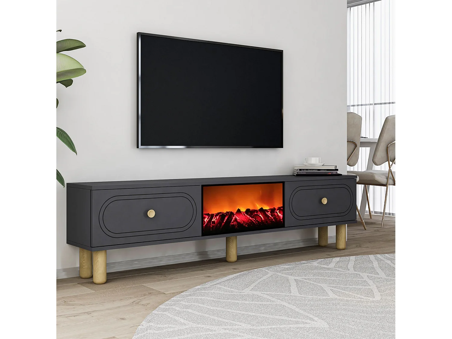 Meuble TV avec cheminée LED 150cm gris anthracite FYRI