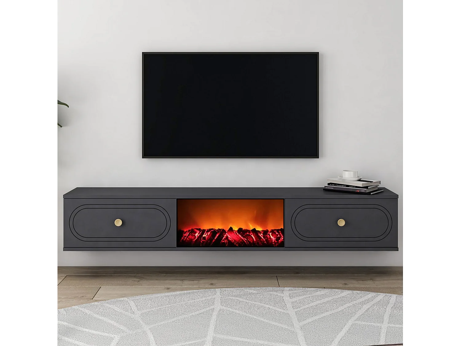 Meuble TV avec cheminée LED 150cm gris anthracite FYRI