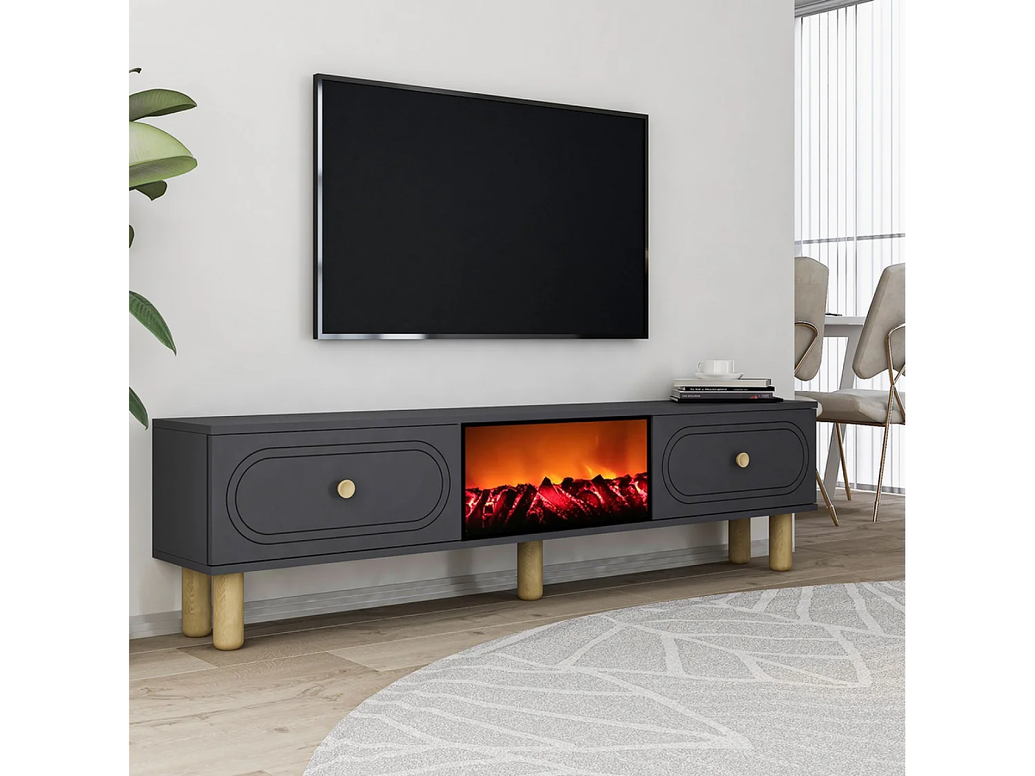 Meuble TV avec cheminée LED 150cm gris anthracite FYRI