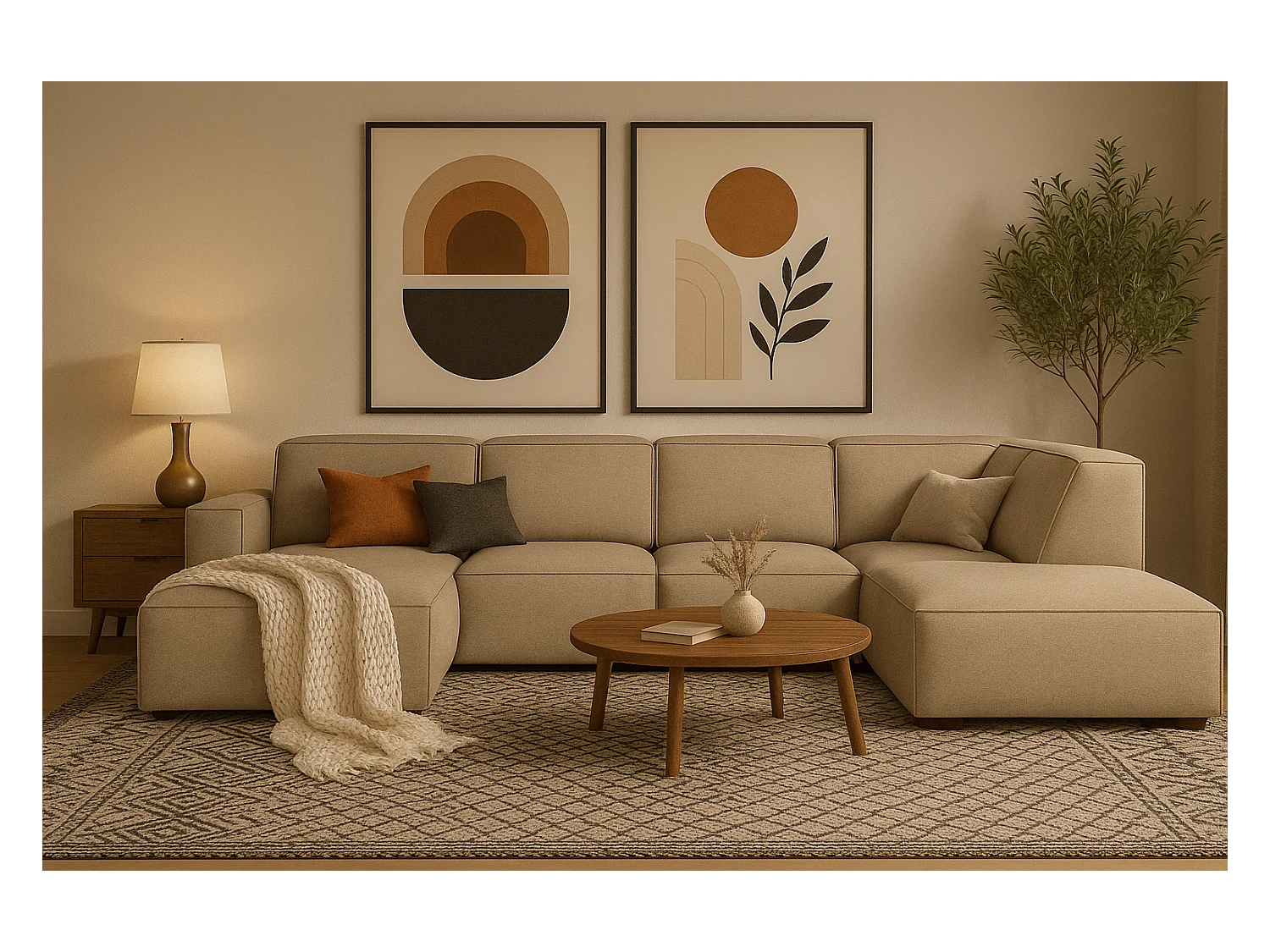 Canapé d’angle modulaire Cursal D gauche – 364 x 262 x 70 cm, beige Raven 30, design moderne