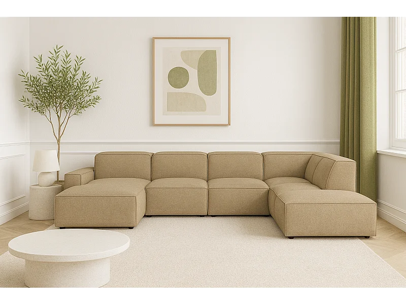 Modulares Ecksofa Cursal D links – 364 x 262 x 70 cm, hellbarun Raven 34, modernes Design