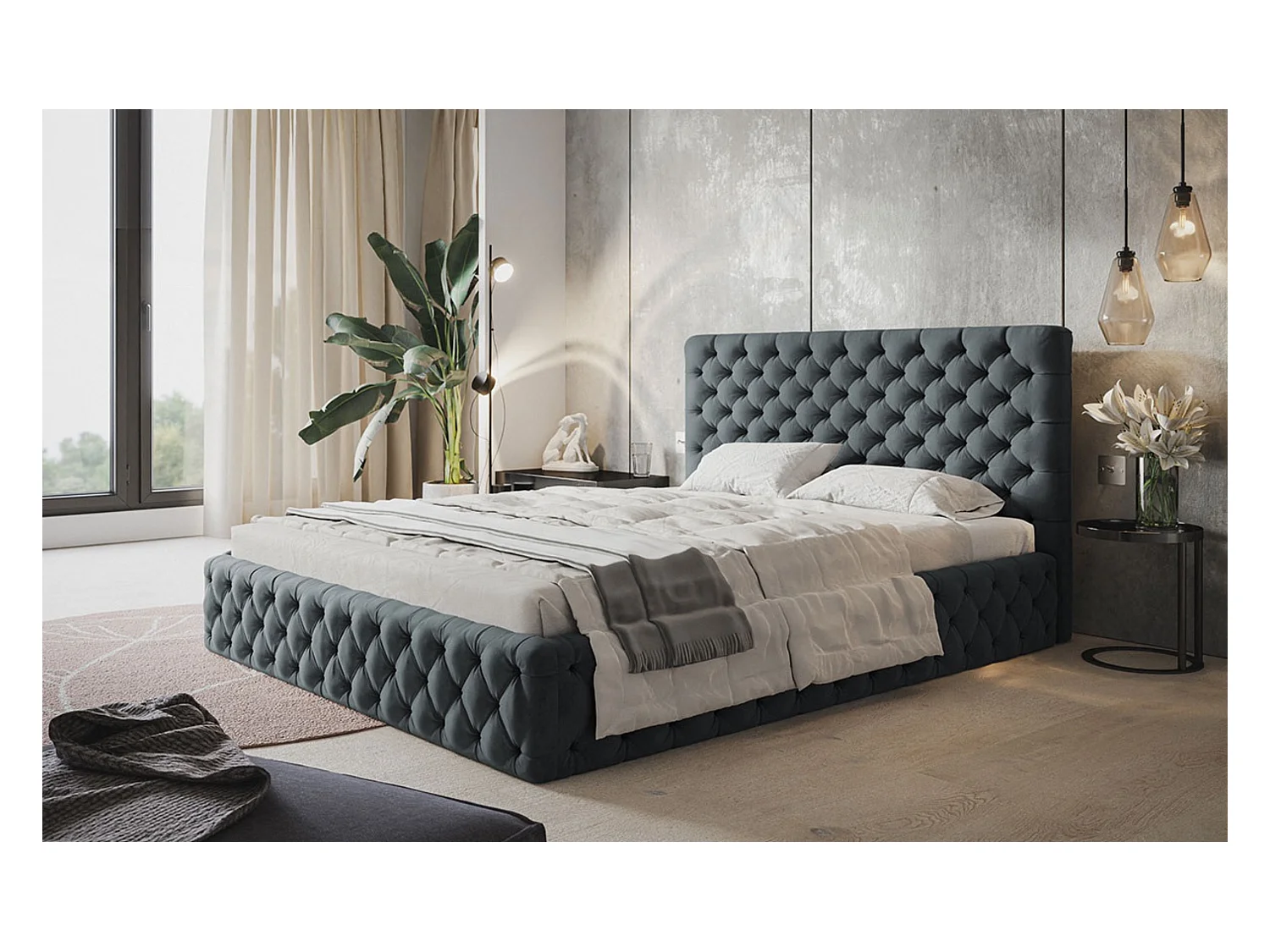 Lit rembourré MIAMI SLIM avec tête de lit, 140 x 200 cm, lit double avec coffre de rangement et sommier à lattes en bois, couleur : gris foncé, tissu velours