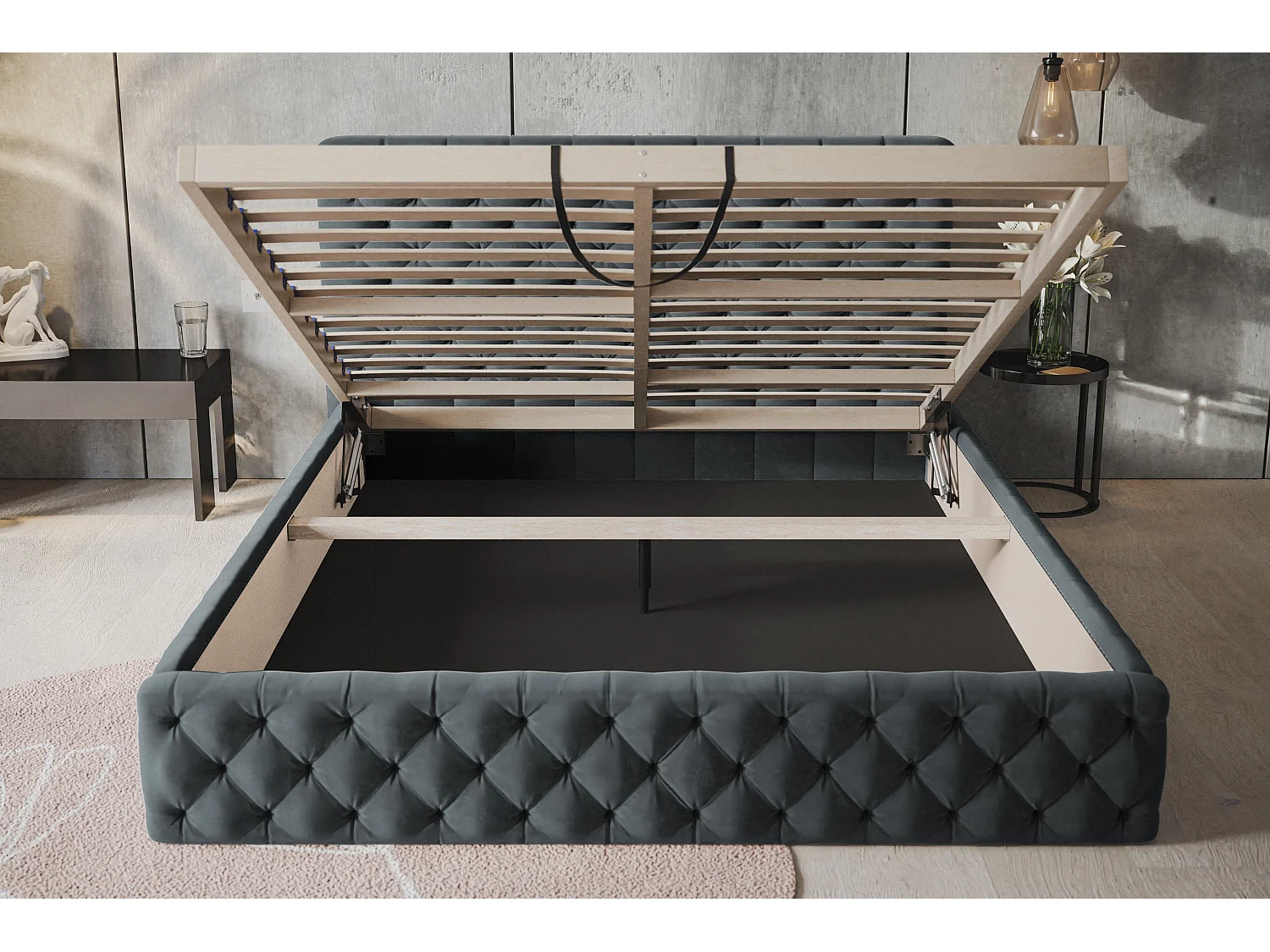 Lit rembourré MIAMI SLIM avec tête de lit, 140 x 200 cm, lit double avec coffre de rangement et sommier à lattes en bois, couleur : gris foncé, tissu velours