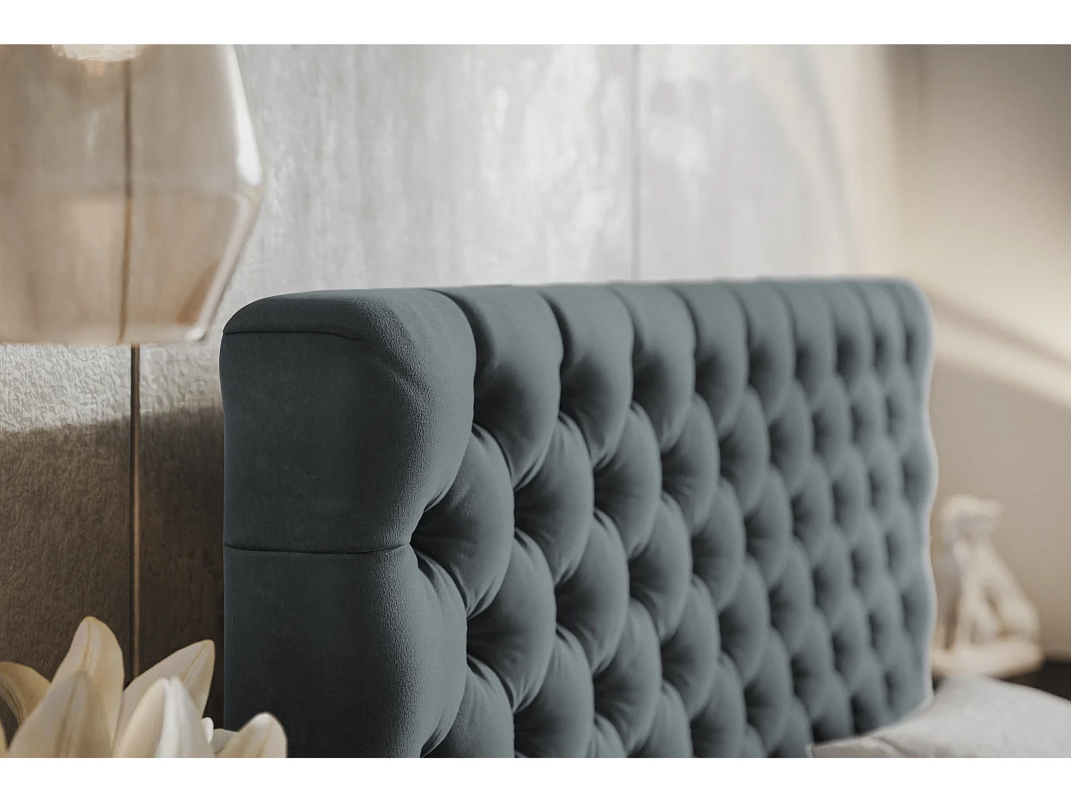 Lit rembourré MIAMI SLIM avec tête de lit, 140 x 200 cm, lit double avec coffre de rangement et sommier à lattes en bois, couleur : gris foncé, tissu velours