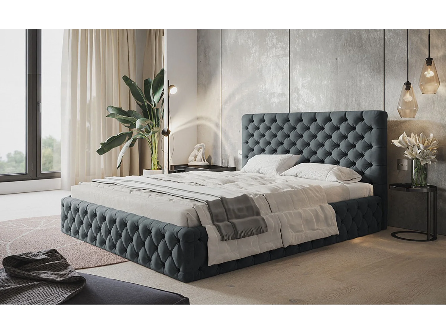 Lit rembourré MIAMI SLIM avec tête de lit, 140 x 200 cm, lit double avec coffre de rangement et sommier à lattes en bois, couleur : gris foncé, tissu velours