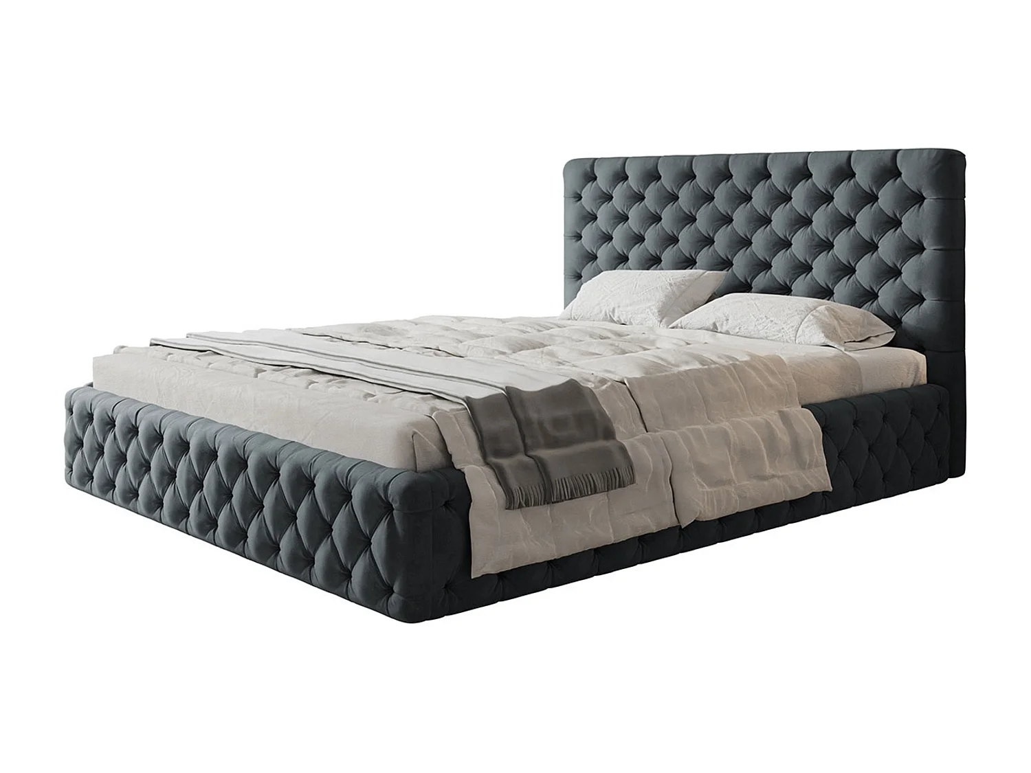 Lit rembourré MIAMI SLIM avec tête de lit, 140 x 200 cm, lit double avec coffre de rangement et sommier à lattes en bois, couleur : gris foncé, tissu velours