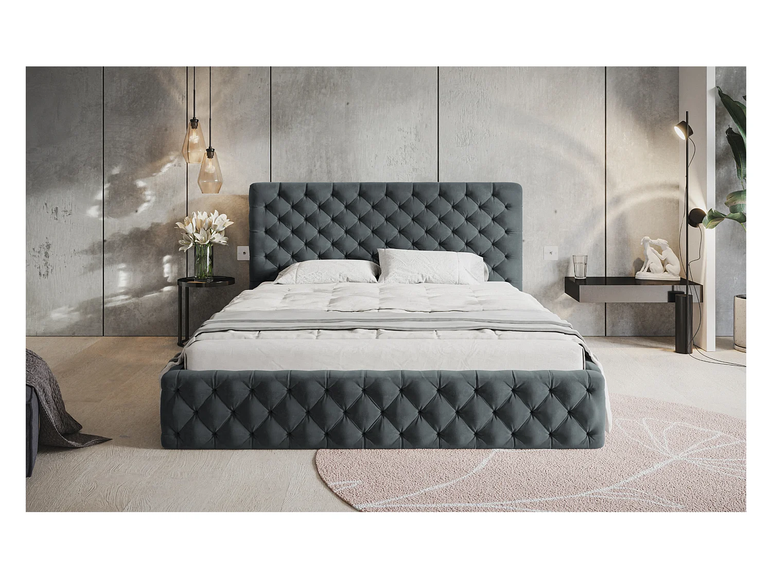 Lit rembourré MIAMI SLIM avec tête de lit, 180 x 200 cm, lit double avec coffre de rangement et sommier à lattes en bois, couleur : gris foncé, tissu velours