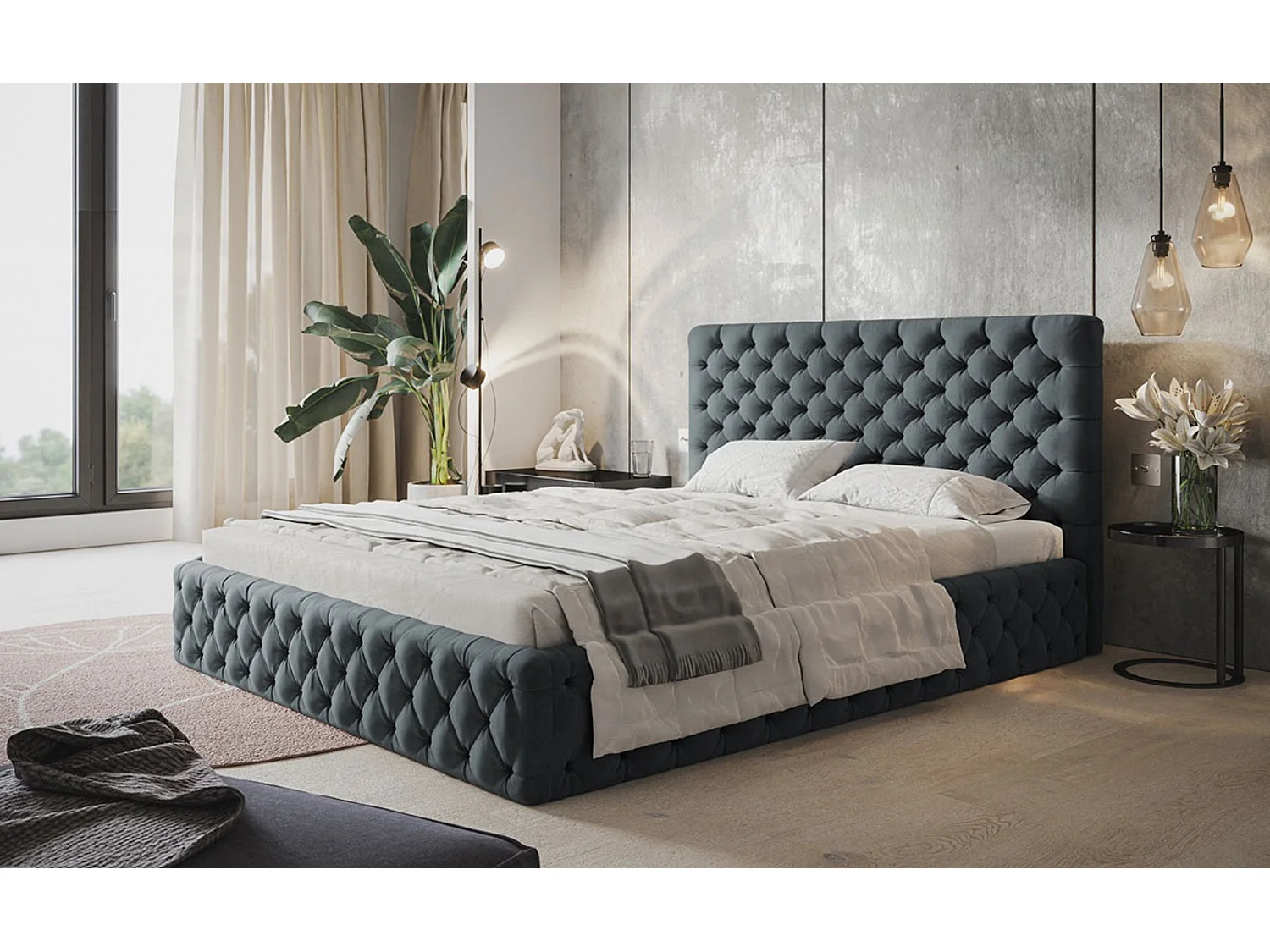 Lit rembourré MIAMI SLIM avec tête de lit, 180 x 200 cm, lit double avec coffre de rangement et sommier à lattes en bois, couleur : gris foncé, tissu velours