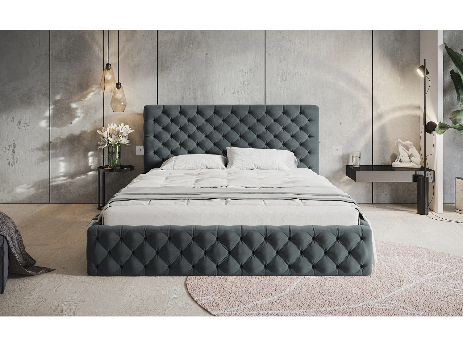 Lit rembourré MIAMI SLIM avec tête de lit, 180 x 200 cm, lit double avec coffre de rangement et sommier à lattes en bois, couleur : gris foncé, tissu velours