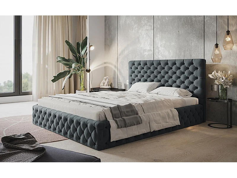 Lit rembourré MIAMI SLIM avec tête de lit, 180 x 200 cm, lit double avec coffre de rangement et sommier à lattes en bois, couleur : gris foncé, tissu velours