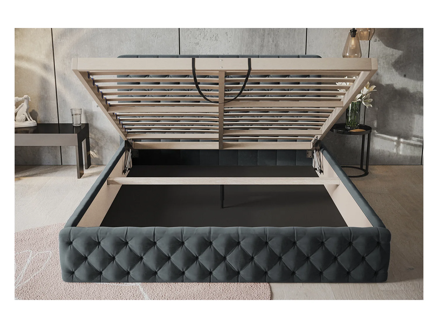 Lit rembourré MIAMI SLIM avec tête de lit, 160 x 200 cm, lit double avec coffre de rangement et sommier à lattes en bois, couleur : gris foncé, tissu velours