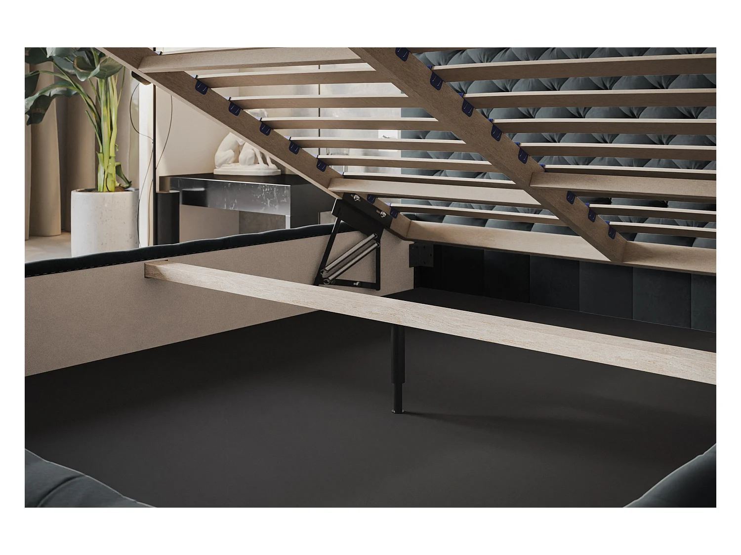 Lit rembourré MIAMI SLIM avec tête de lit, 160 x 200 cm, lit double avec coffre de rangement et sommier à lattes en bois, couleur : gris foncé, tissu velours