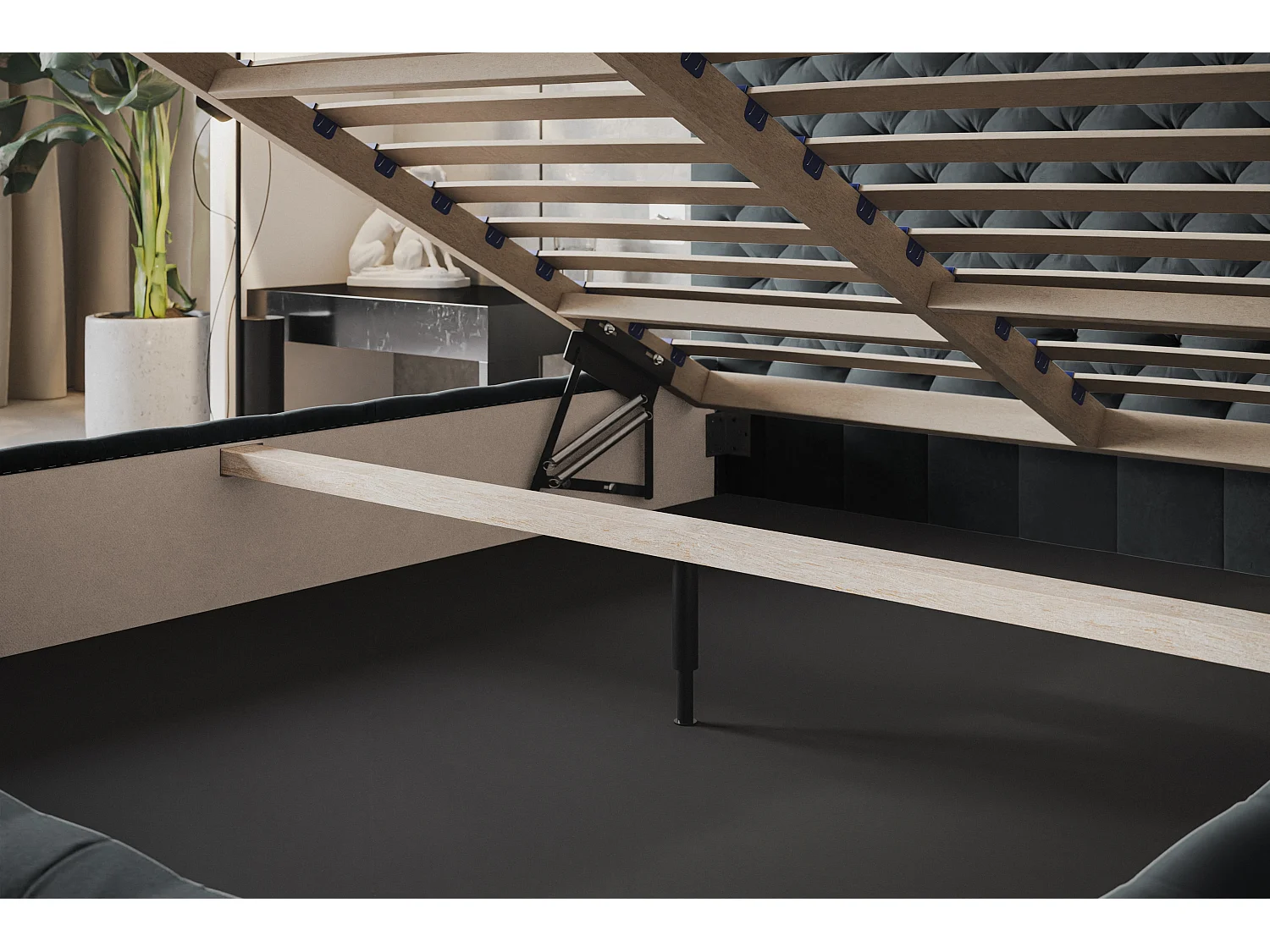 Lit rembourré MIAMI SLIM avec tête de lit, 160 x 200 cm, lit double avec coffre de rangement et sommier à lattes en bois, couleur : gris foncé, tissu velours