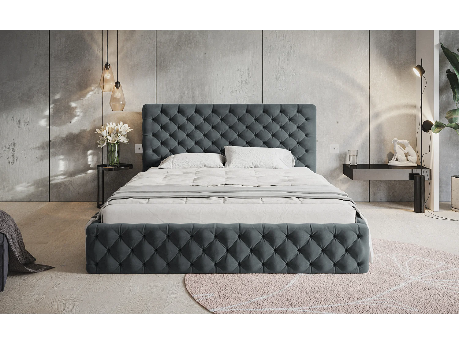 Lit rembourré MIAMI SLIM avec tête de lit, 160 x 200 cm, lit double avec coffre de rangement et sommier à lattes en bois, couleur : gris foncé, tissu velours