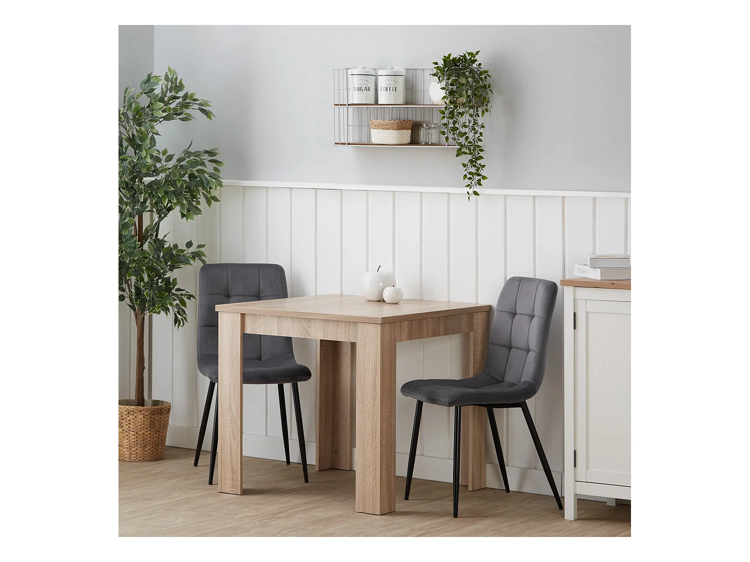 Table à manger 80x80x75 cm chêne Sonoma naturel Table de salle à manger avec 2 chaises en velours gris