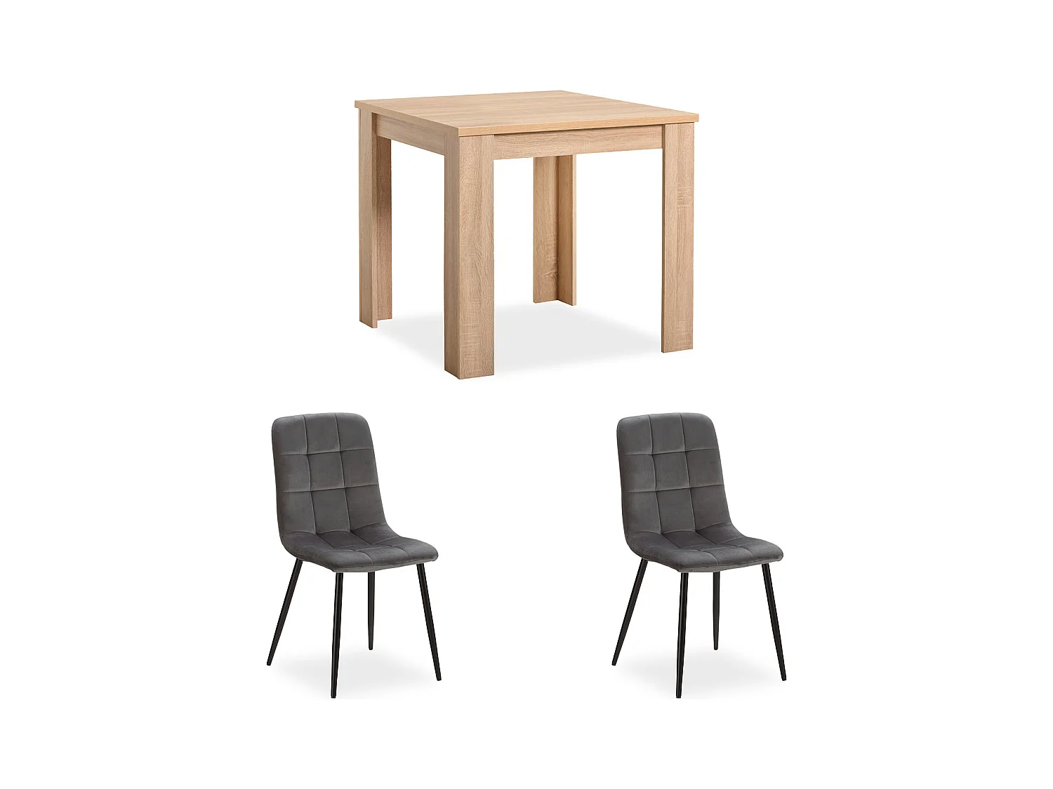 Table à manger 80x80x75 cm chêne Sonoma naturel Table de salle à manger avec 2 chaises en velours gris