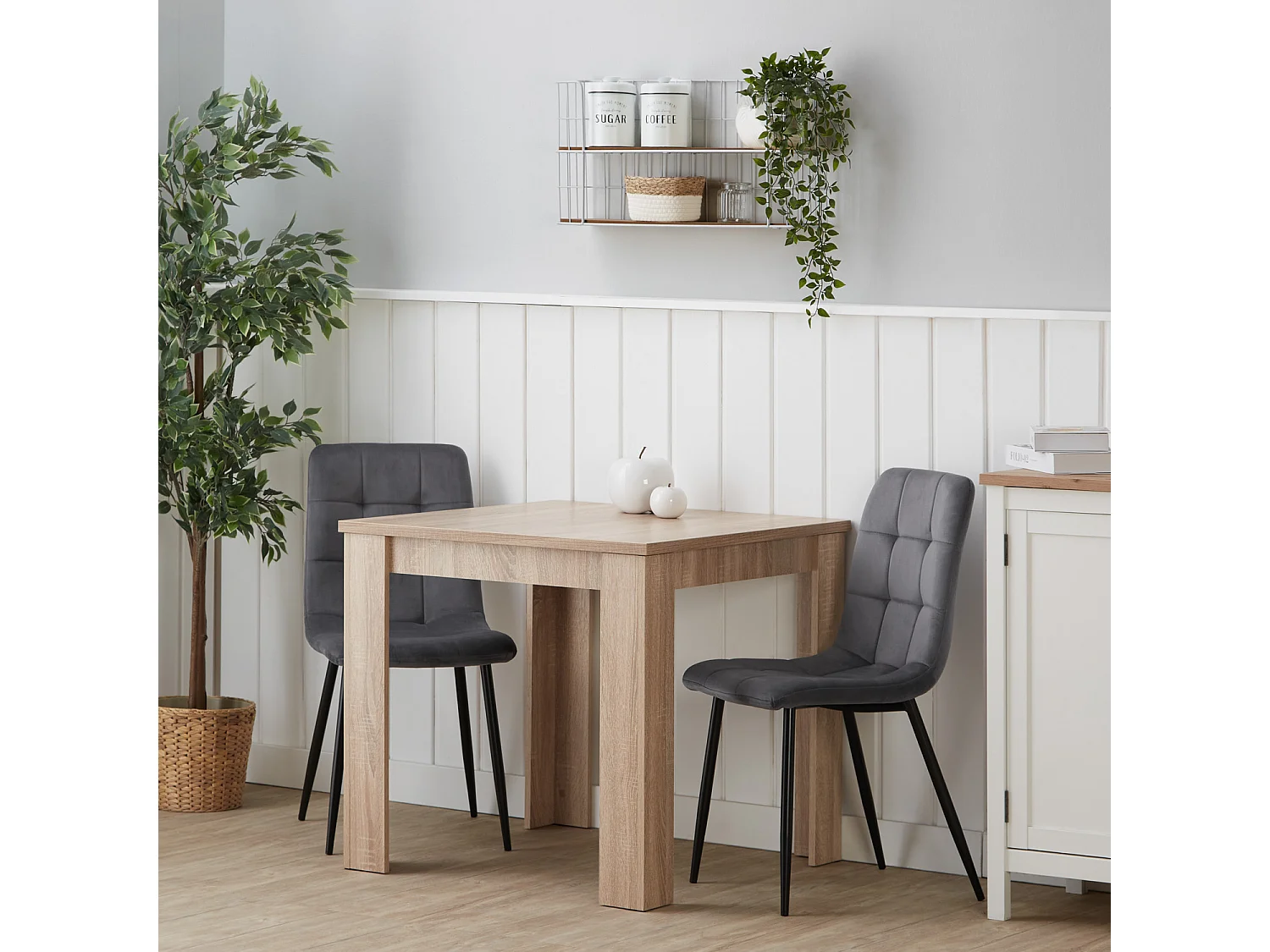 Mesa de jantar 80x80x75 cm carvalho Sonoma natural Mesa de sala de jantar com 2 cadeiras de veludo cinza