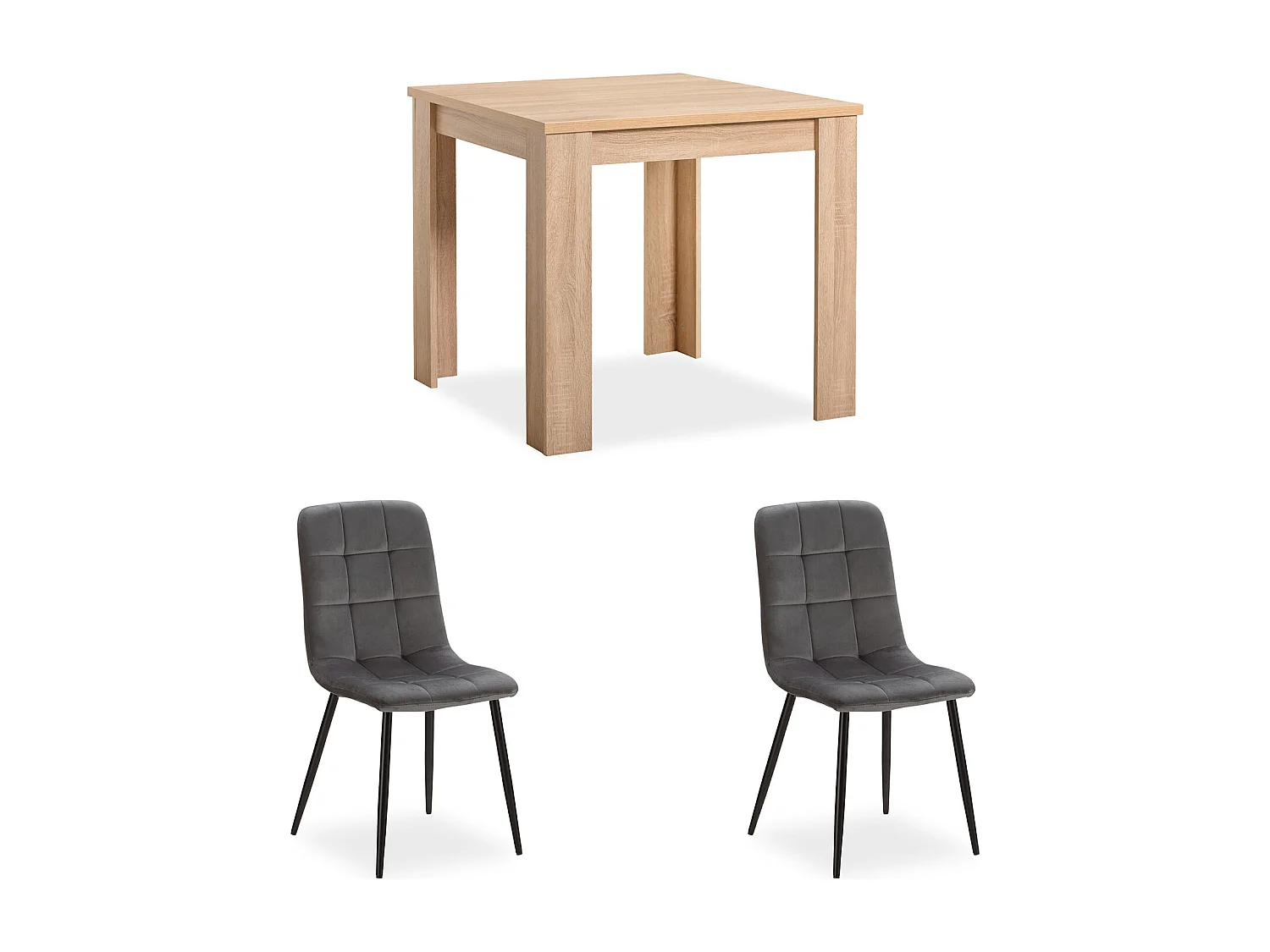 Mesa de jantar 80x80x75 cm carvalho Sonoma natural Mesa de sala de jantar com 2 cadeiras de veludo cinza