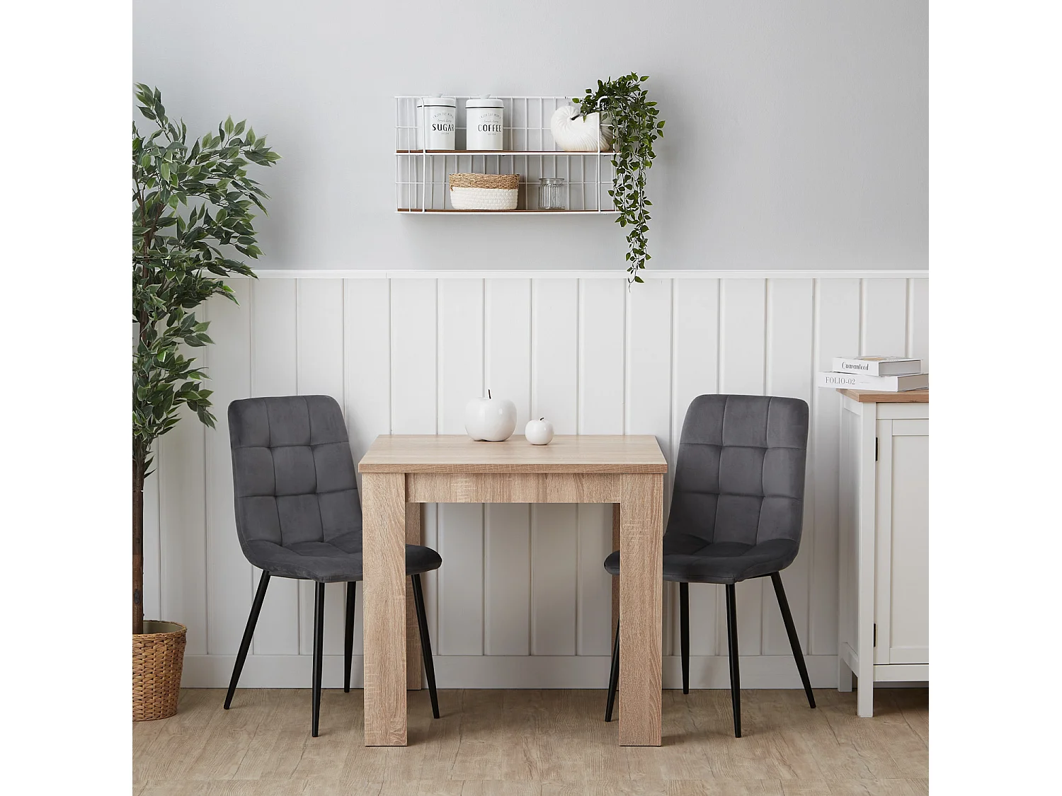 Mesa de jantar 80x80x75 cm carvalho Sonoma natural Mesa de sala de jantar com 2 cadeiras de veludo cinza