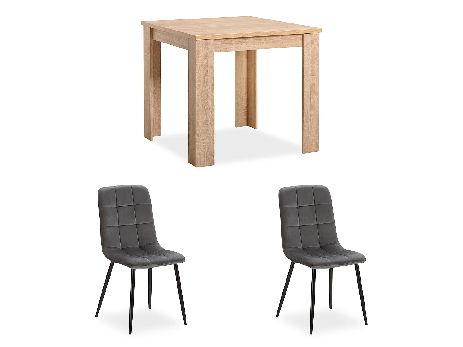 Esstisch 80x80x75 cm Sonoma Eiche natur, Esszimmertisch mit 2 grauen Samtstühlen