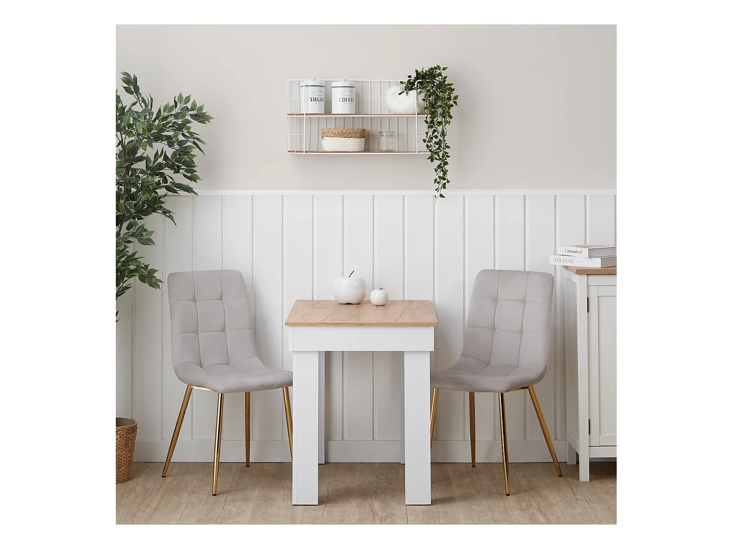 Tavolo da pranzo 90x73x60 cm, rovere bianco, velluto crema