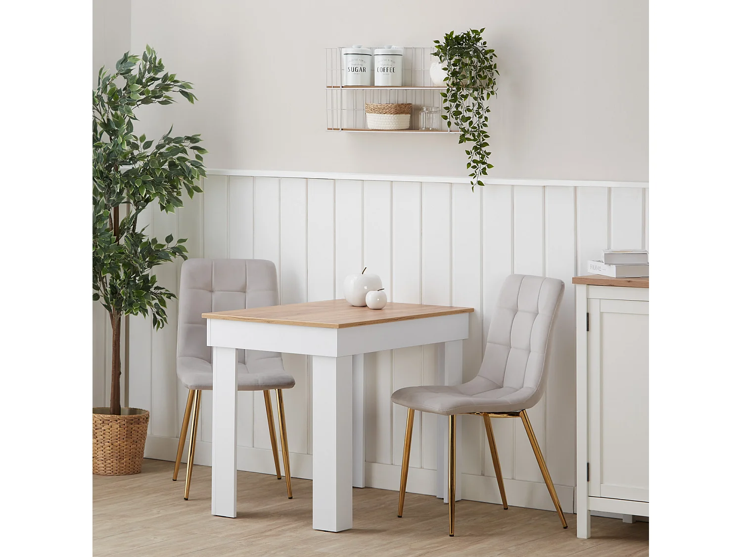 Spisebord og stole sæt, Home, 90x60x73 cm, Hvid, Creme, Brun, Guld